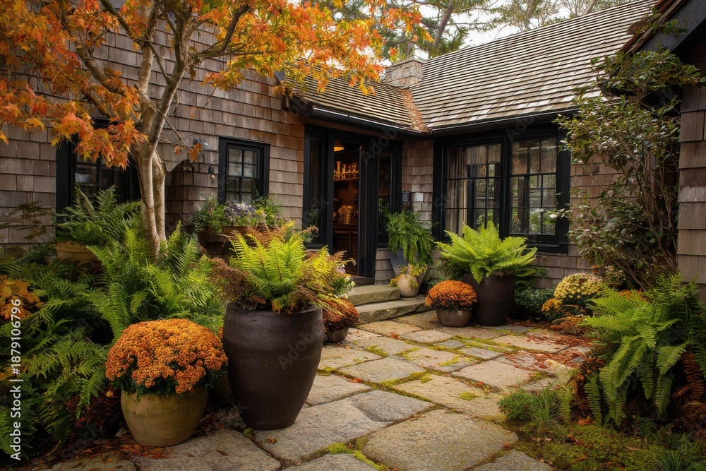 Obraz premium Vibrant fall hues envelop a charming house, featuring stone pathways and abundant greenery in the front yard, creating a picturesque autumn scene