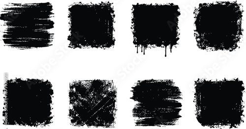 Grunge black square paint splashes and ink brush strokes vector texture set