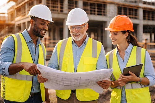 Three construction professionals discussing plans on a job site