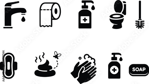 Hygiene and bathroom icons set in flat black style isolated on transparent background