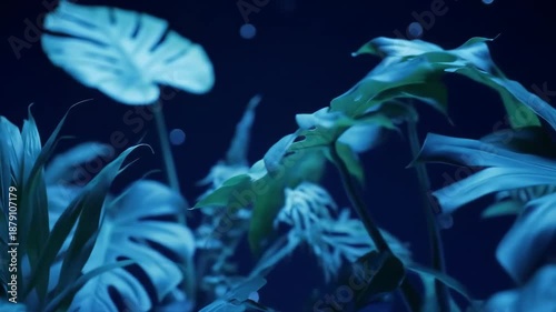 Lush Greenery Illuminated by Blue Light in a Dark Environment.
