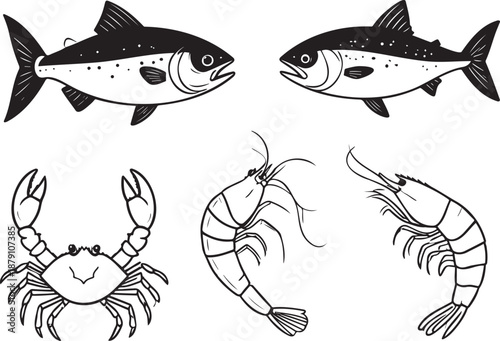 Seafood illustrations including fish and crustaceans for menu design