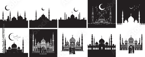Islamic Architecture Silhouette Collection: A captivating collection of intricately detailed silhouette illustrations of iconic mosques, bathed in the tranquil moonlight.