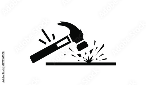 Black and white illustration of a hammer striking a surface with sparks
