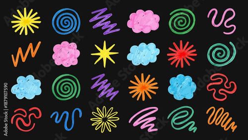 Colorful Symbol Pattern Grid – Visual Sequencing Puzzle with Starburst, Spiral, Cloud, Wave Icons for Cognitive Games, Education, and Design Inspiration
