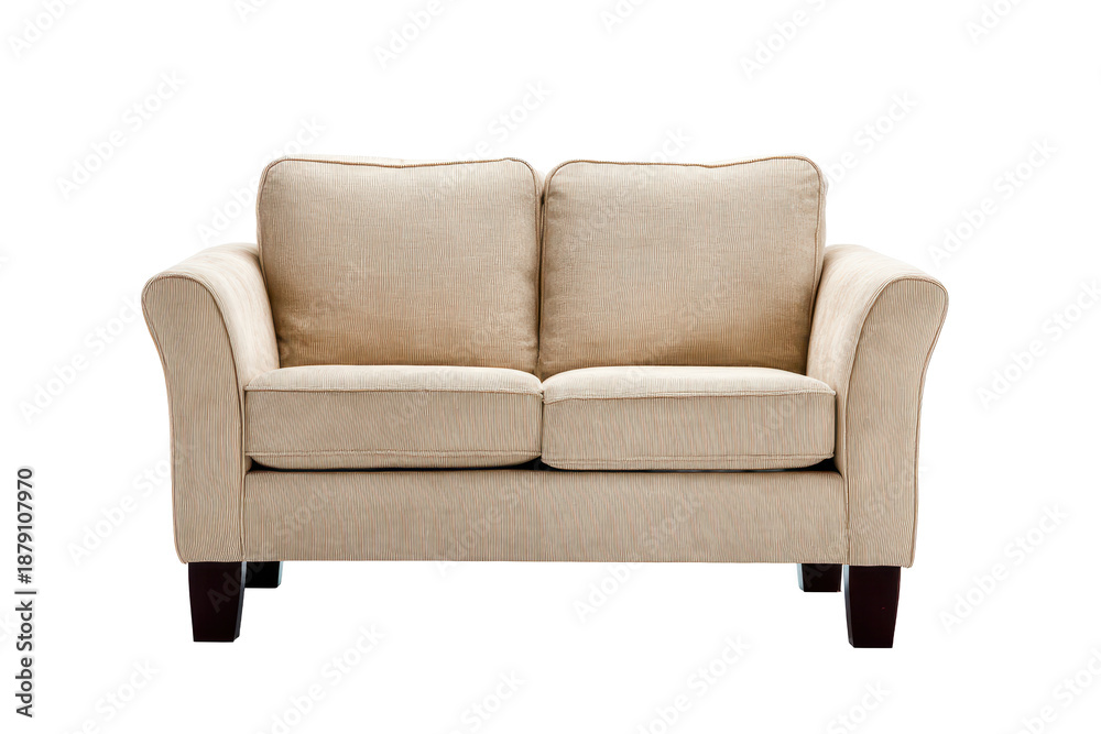 Fototapeta premium Small beige loveseat sofa with cushioned back and arms, short legs, smooth upholstery texture, simple modern silhouette and cozy compact seating isolated on transparent background.