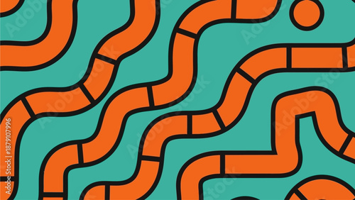 Maze pattern with orange paths on teal background, viewed from directly above, featuring a complex route