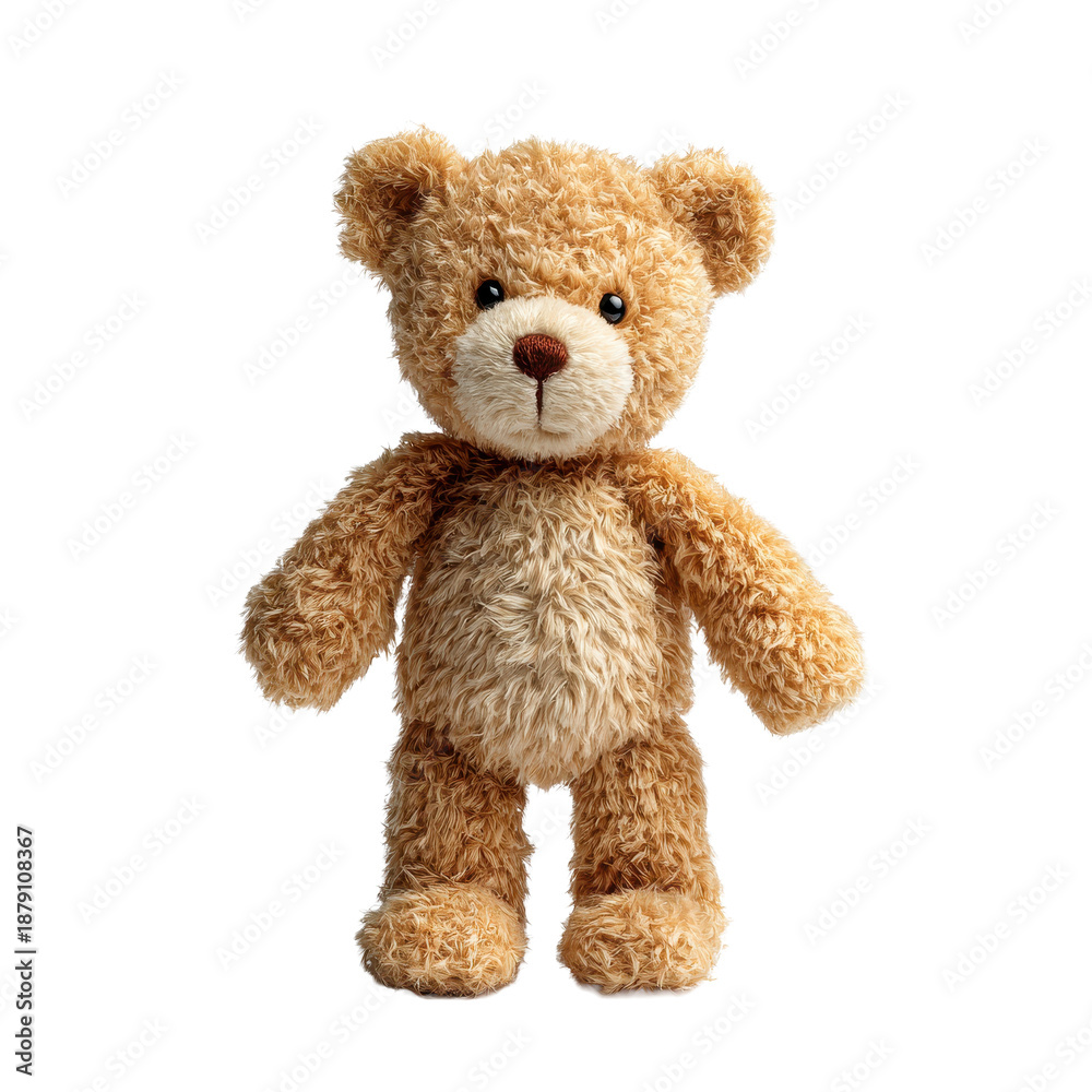 Obraz premium Small teddy bear standing upright with soft plush fur texture, stitched facial features, rounded ears and gentle cuddly toy proportions isolated on transparent background.