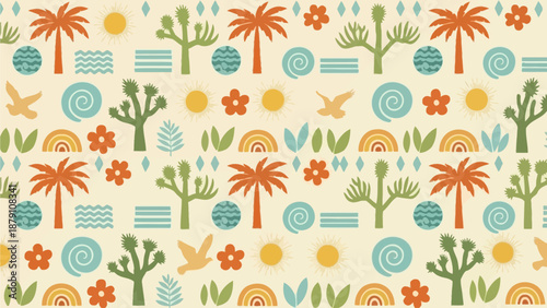 Vibrant Tropical Landscape with Palm Trees and Floral Illustrations