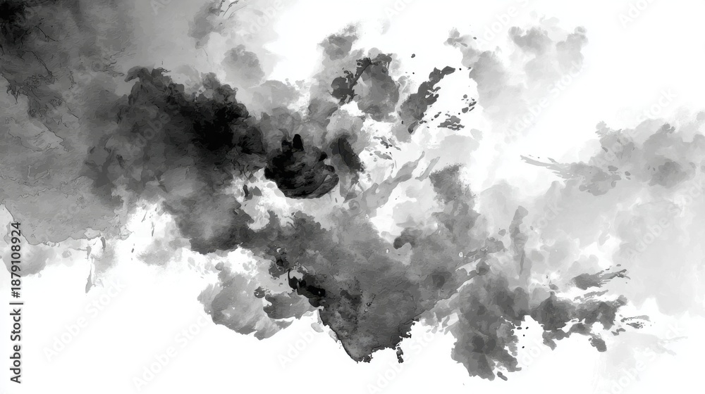 Obraz premium Abstract black and white ink splatter art with dynamic smoke-like patterns.