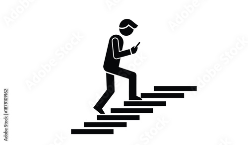 A simple black silhouette of a person walking up stairs with a phone