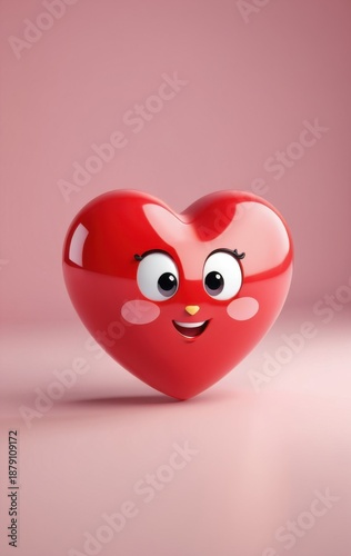 smiling red heart on pink, gazing looking at camera, copyspace, concept of love