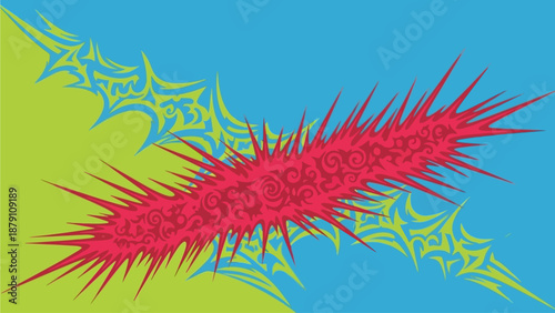 Vibrant illustration of a centipede with red and yellow spiky legs on a blue and green background from a top viewpoint