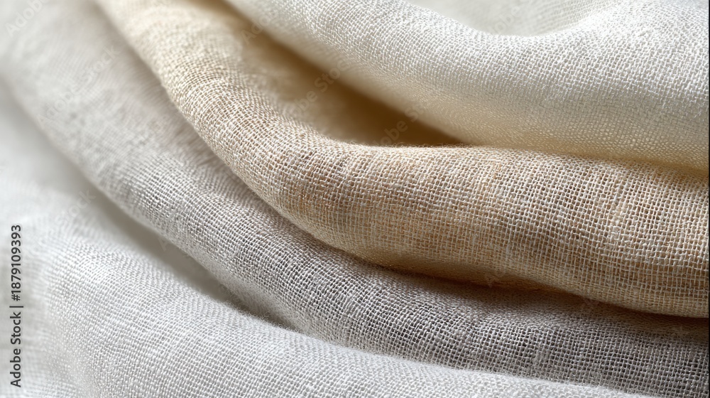 Fototapeta premium Close-up of layered linen textiles in neutral tones. Natural fabric texture with warm whites and beige shades. Minimalist background for interior design, fashion, wellness and calm lifestyle concept