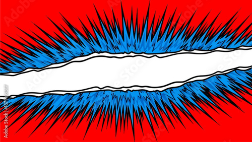 Dynamic illustration of explosion with sharp lines and vibrant colors on red background