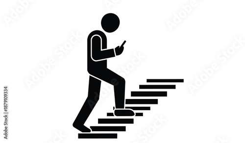 Stick figure ascending a flight of stairs while using a mobile phone