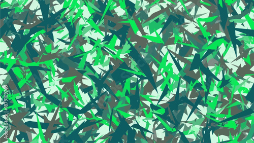 Dynamic illustration of abstract shapes and lines in green and blue hues from a frontal viewpoint