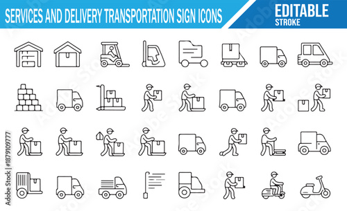Set of outline icons for services, delivery, transportation, logistics, and warehouse operations. Editable stroke line art symbols.