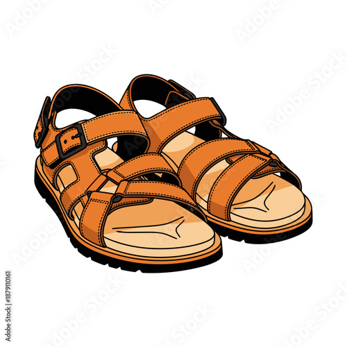 Рair of brown leather summer sandals for men, women or children. Vector illustration