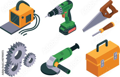 Workshop power tools vector illustration set showing electric drill saw grinder gears toolbox welding machine industrial repair equipment