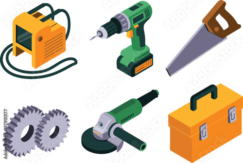 Workshop tools vector illustration set featuring electric drill saw grinder gears toolbox welding machine industrial equipment for repair construction maintenance