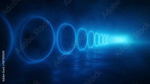 Pathway of Light: A mesmerizing corridor of radiant blue circles emanates a futuristic ambiance, drawing viewers into a world of technological wonder and energy.