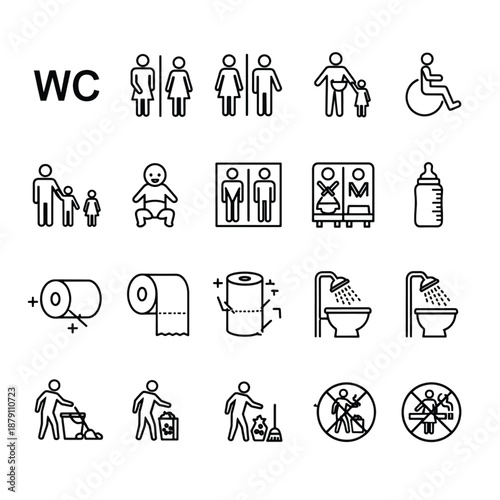 Public Restroom and WC Icons Minimalist Black Line Art Vector Set for Facility Signage and Web Design