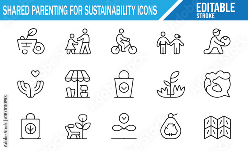 Icons for eco-friendly habits, shared transport, and local market.