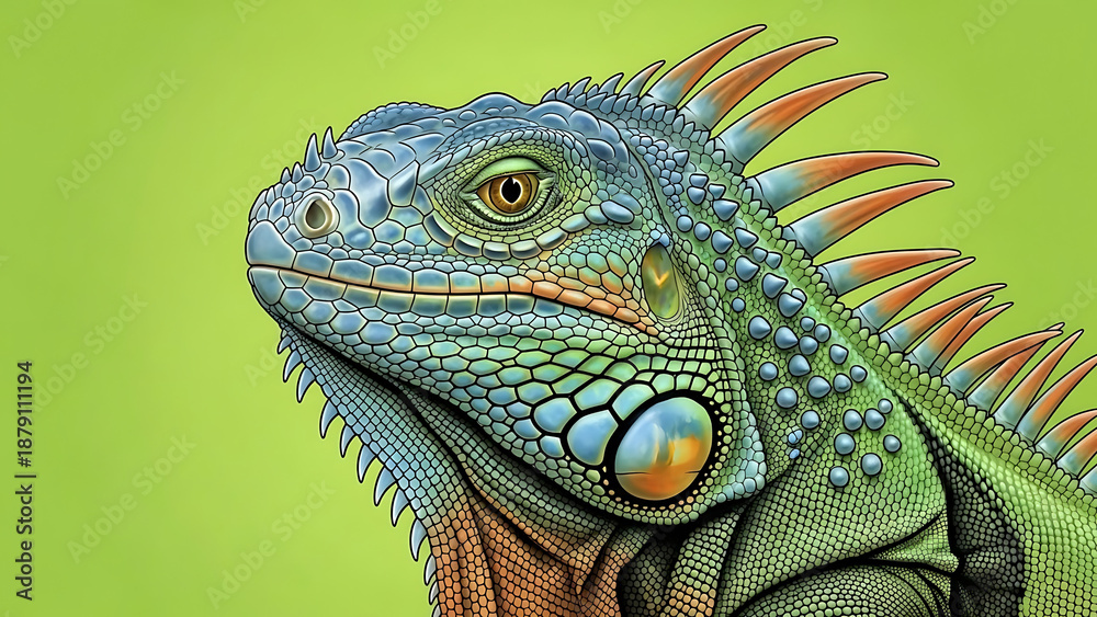 Fototapeta premium Vibrant Detailed Illustration of a Green and Blue Iguana Head with Textured Scales on a Bright Background
