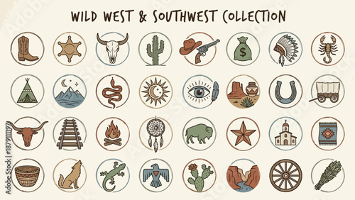 Wild West & Southwest Vector Icon Set –  Stylized Cultural Symbols for Western Design, Heritage Education, Travel Branding, and Desert-Themed Illustration Use