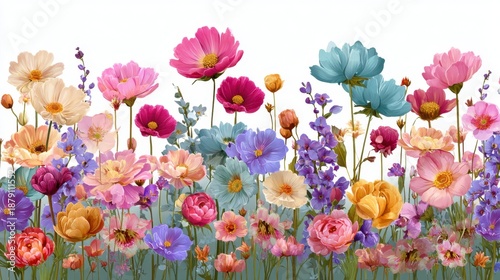 Vibrant spring garden with multicolored wildflowers in full bloom.