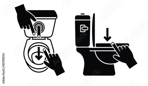 Toilet usage instructions showing hand pressing flush and lowering the seat