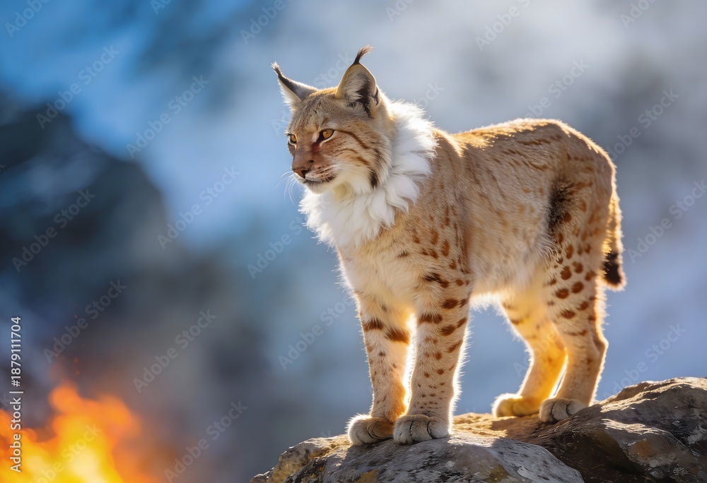 Fototapeta premium Alert Eurasian Lynx on a Mountain Peak with Dramatic Sunset Glow