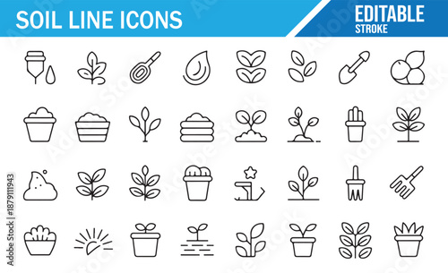 Soil and plant growth line icon set with editable stroke feature.