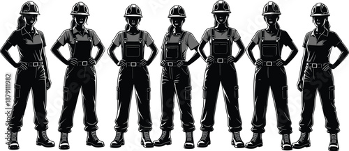 Group of professional women construction workers and engineers wearing hard hats and uniforms, empowered female tradespeople in black and white.
