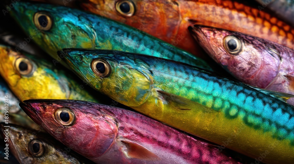 Obraz premium Vibrant rainbow fish display with diverse textures and colors.