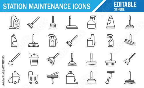 Minimalist Line Icons for Household Chores and Cleaning Supplies.