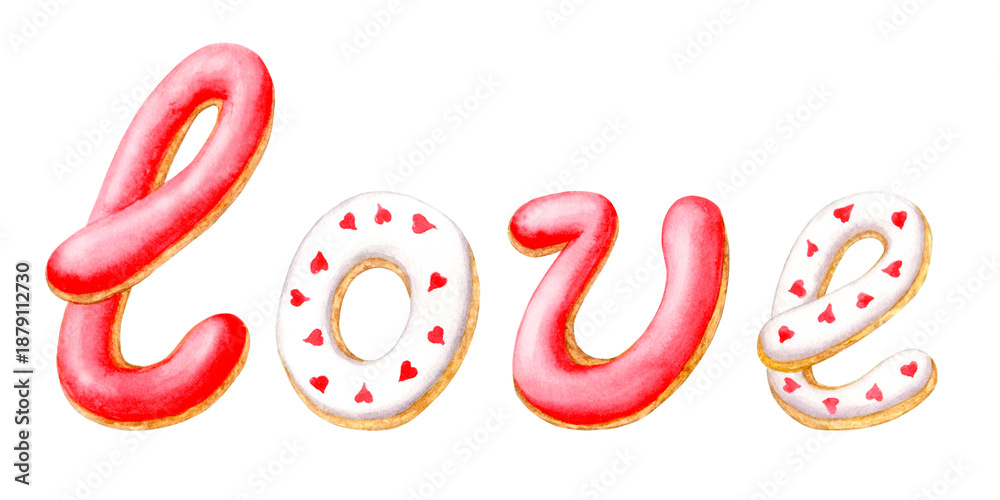 custom made wallpaper toronto digitalWatercolor illustrations and inscriptions on the theme of love, in the form of gingerbread cookies for Valentine's Day.Hand-drawn in watercolor, isolated on a white background. Suitable for designing 