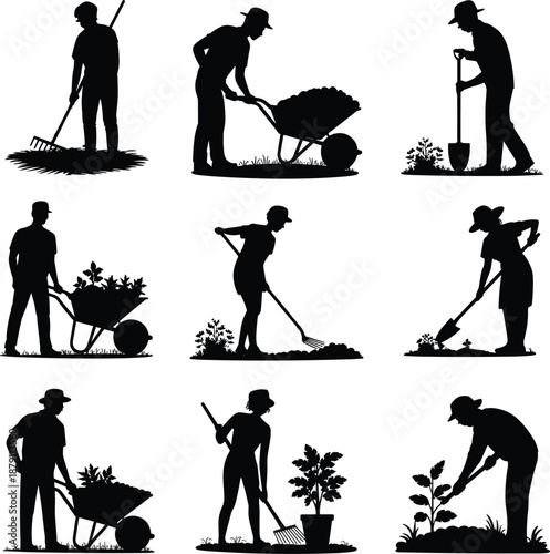 Silhouettes of people gardening, raking, planting, watering, digging, wheelbarrow tasks, horticulture illustration, outdoor labor, farming activity, nature design art