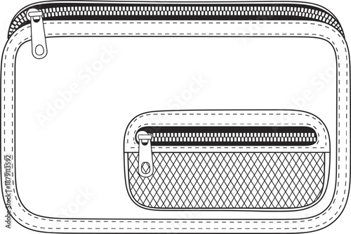 Minimal zip pouch technical drawing, flat front view, travel accessory bag, zipper pocket detail, product specification, flat vector illustration, iconMinimal zip pouch technical 