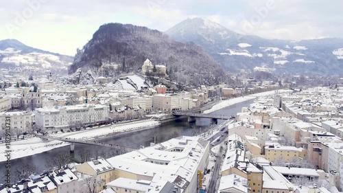 View to Left City, River Salzach with Kapuzinerberg, Salzburg, Austria, Winter