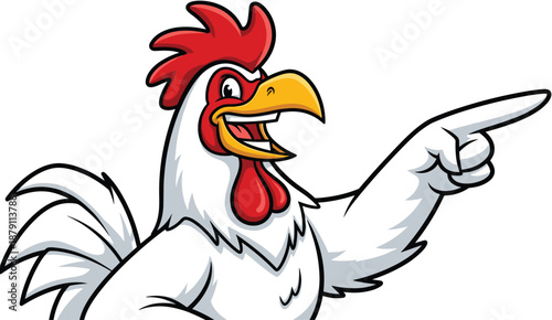 Funny Rooster Cartoon Character Pointing Finger Farm Chicken Mascot Expressive Bird Vector Illustration Isolated