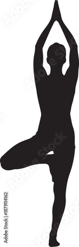 Woman silhouette in tree pose yoga vrikshasana