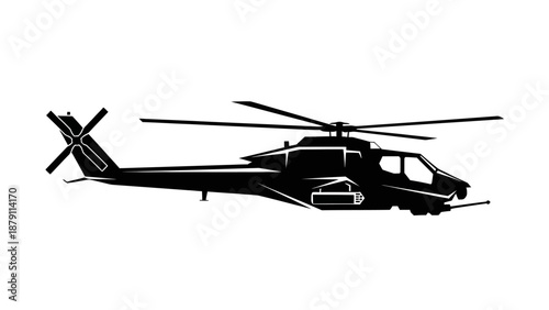 Black Silhouette of a Military Transport Helicopter with Rotor Blades on Isolated White Background
