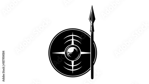Ancient warrior's round shield and spear, historical weapon and defense, isolated white background