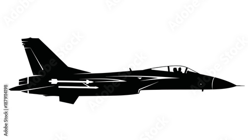 Modern fighter jet aircraft silhouette, military air force power, isolated white background