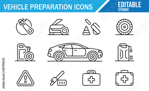Car Mechanic and Service Station Line Icons with Tools and Equipment.