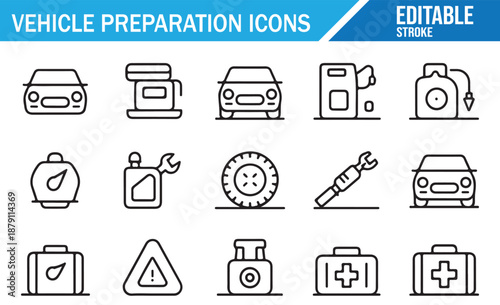 Vehicle Readiness and Travel Preparation Vector Symbol Collection.