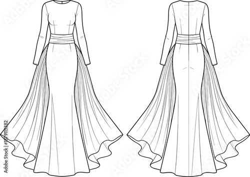 Flat vector illustration of formal gown front and back technical sketch with ruched waistband, pleated train, fashion design template