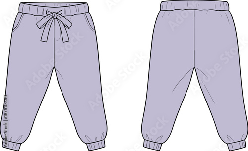 Flat vector illustration of jogger pants front and back view with drawstring waist, elastic cuffs, fashion design template